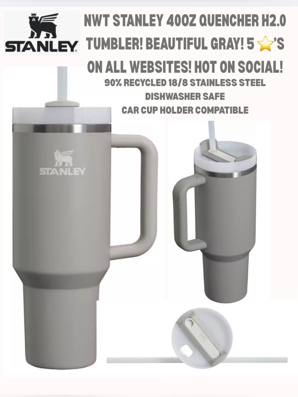 NWT STANLEY 40 OZ. QUENCHER H2.0 TUMBLER! ASH GRAY! HOT ON SOCIAL!